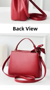Detailed back view of the red bridal bucket bag with elegant floral scarf on handle