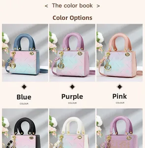 Detail view of colorful gradient handbags featuring floral patterns and 'R' letter charms