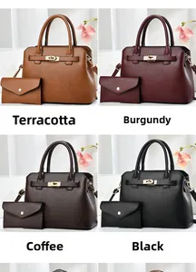 Detail view of four minimalist tote and clutch sets in tan, burgundy, coffee, and black