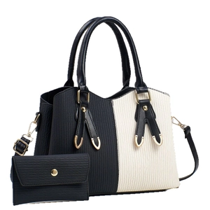 Contrast panel handbag with vertical pleats and envelope wallet in black and off-white