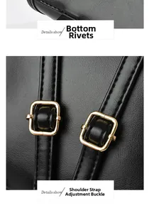 Detail of gold-tone metal strap buckle and protective base studs on black leather bag