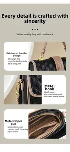 Macro details of reinforced handle, hardware clasps and multi-layer zipper compartments