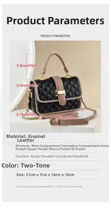 Detailed size chart for black and pink quilted patent leather crossbody bag with dimensions