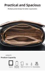 Detailed interior of black quilted crossbody bag with multiple pockets and striped lining