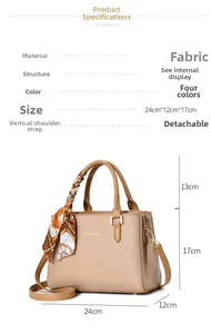 Dimensioni dettagliate della borsa a mano kaki in pelle con foulard e tocchi d'oro