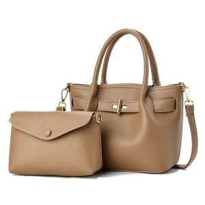 Brown litchi grain tote bag and envelope clutch set with gold hardware and shoulder strap