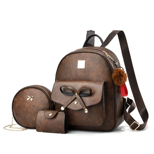Ensemble sac à dos 3 pièces en similicuir marron avec nœud et pompon pour femmes