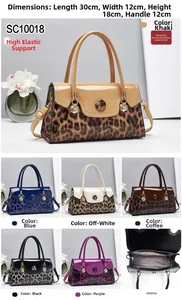 Vue détaillée du sac léopard montrant les options de couleurs et la capacité intérieure