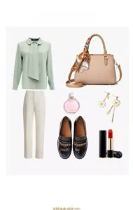 Set outfit alla moda con borsa beige in pelle martellata e camicetta verde menta chic