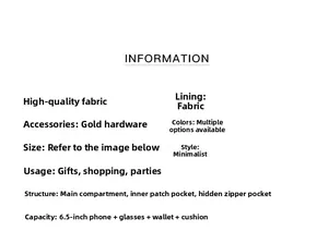 Detailed specifications of women's handbag showing material, hardware, and storage capacity