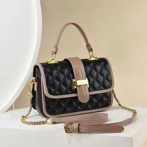 Women Quilted Shoulder Bag PU Leather Contrast Color Rhombic Chain Crossbody Handbag Elegant Commuter
