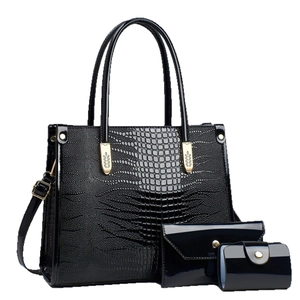 3-piece black crocodile embossed patent leather tote set with wallet and card holder