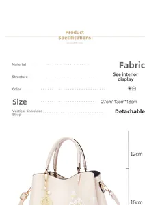 Detailed cream fabric tote bag with floral embroidery and detachable strap dimensions