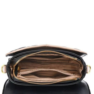 Black and beige color-block crossbody bag with chain strap and organized card slots