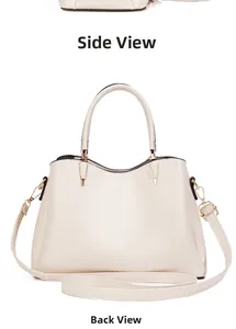 Detail view of the side and back of a creamy white trapezoid handbag with gold hardware