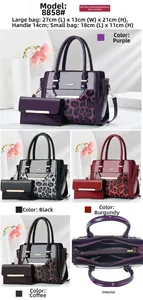 Detailed size chart for leopard print patent leather tote bag and matching clutch set