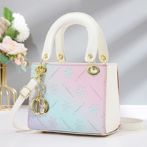 Women Handbag PU Leather Gradient Floral Embroidery Crossbody Bag With Metal Pendant Top Handle Fashionable Shoulder Bag