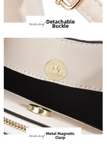 Detail of detachable gold-tone buckle and magnetic closure on beige leather handbag