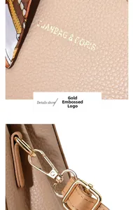 Dettaglio del logo dorato e degli accessori sulla borsa in pelle color cammello