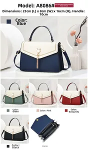 Detailed views of multi-color square bags with cat-ear hardware and tassel pendants