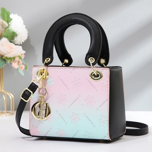 Fashion gradient floral bucket bag with gold charms and black leather handles