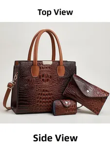 Set di tre borse retrò con motivo a coccodrillo, borsa tote, portafoglio e borsellino
