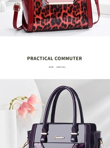 Detail view of red leopard print and deep purple glossy patent leather tote bags