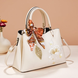 Floral Embroidery Handbag PU Leather Large Capacity Shoulder Bag With Leaf Pendant Artificial Pearl Scarf Decor For Women Elegant