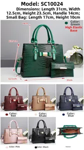 Detail view of crocodile pattern handbag set with golden bow hardware and six color options