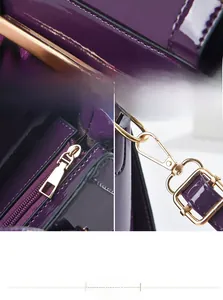 Detailed views of purple patent leather shoulder bag with gold hardware and metal strap hooks