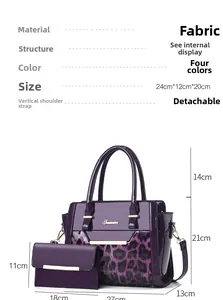 Size chart showing 24x12x20cm dimensions of a purple leopard print patent leather handbag