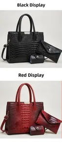 Set dettagliato di borsa shopping con trama coccodrillo, pochette a busta e borsa cilindrica