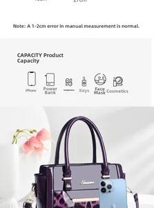 Detail view of purple leopard print patent leather tote bag with interior storage capacity