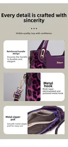 Detail of purple leopard print handbag with gold hardware and reinforced handles