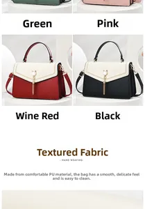 Detail showing high-quality PU fabric texture and elegant tassel charms on square bags