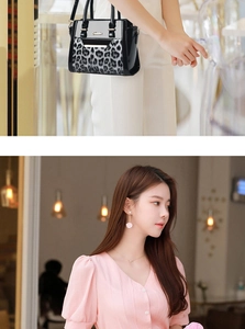 Detail of leopard print PU leather handbag with metallic logo and floral pearl earrings