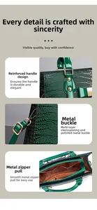 Detail view of crocodile texture surface, reinforced handles and golden hardware