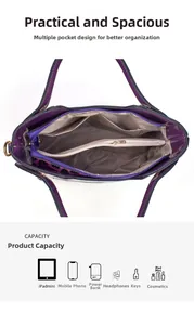 Internal structure of purple tote bag showing multiple compartments for iPad and makeup
