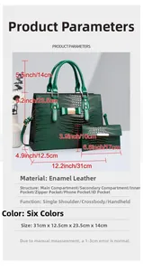 Detail view of dark green crocodile pattern patent leather handbag set with dimensions