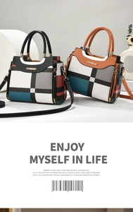 Detail of color-block plaid handbags with metal hardware and elegant arc handles