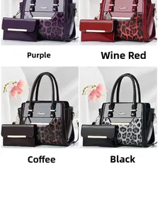 Set of faux leather handbag and matching wallet in four colors with leopard print