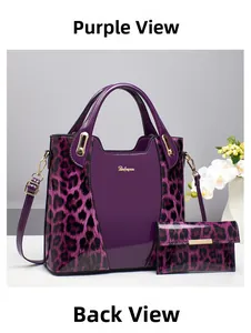 Detail view of purple leopard print patent leather handbag and matching long wallet set