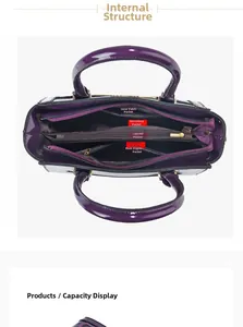 Detailed interior view of purple patent leather bag with multiple zip compartments and pockets