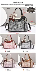 Detailed dimension chart for large printed handbag with scarf and five color options