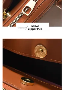 Gros plan des fermetures éclair dorées et des boutons magnétiques sur un sac en cuir brun