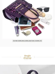 Spacious purple leopard print tote bag interior showing storage for gadgets and cosmetics