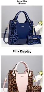 Detail of two-piece leopard print patchwork tote bag set in royal blue and pink