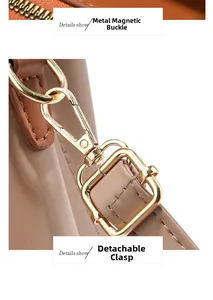 Détails de la boucle magnétique dorée et du fermoir amovible du sac en cuir