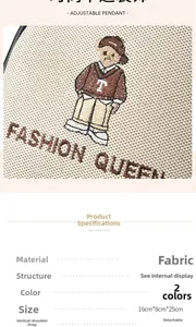 Detail of fabric backpack featuring cute bear embroidery and removable shoulder strap
