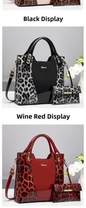 Detail view of two-piece set including glossy patent tote bags with leopard print accents